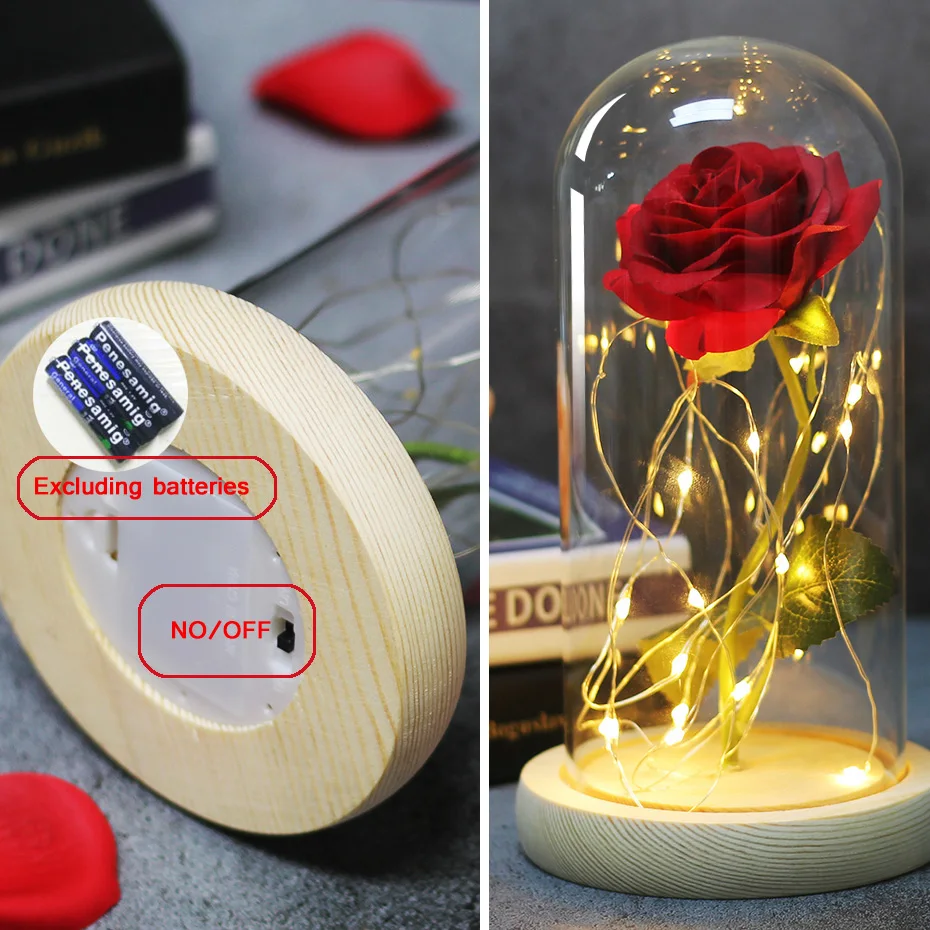 Artificial Flowers Eternal Rose LED Light Beauty The Beast In Glass Cover Wedding Home Decor For Birthday Christmas Mariage Gift