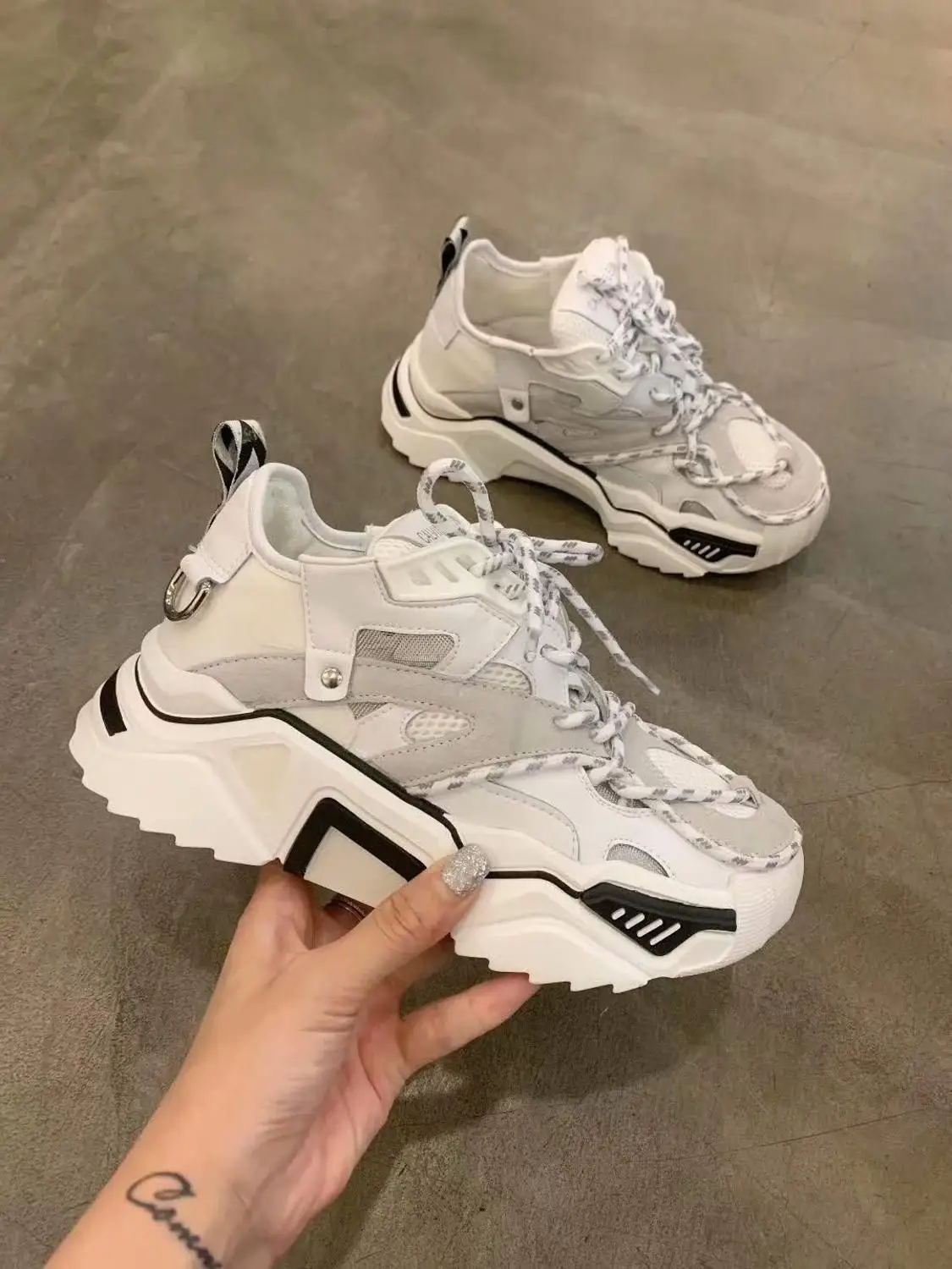 

2019 Shoes Woman Sneakers Genuine Leather Platform Sneakers Lace-up Chunky Dad Sneakers Tenis Feminino Shoe