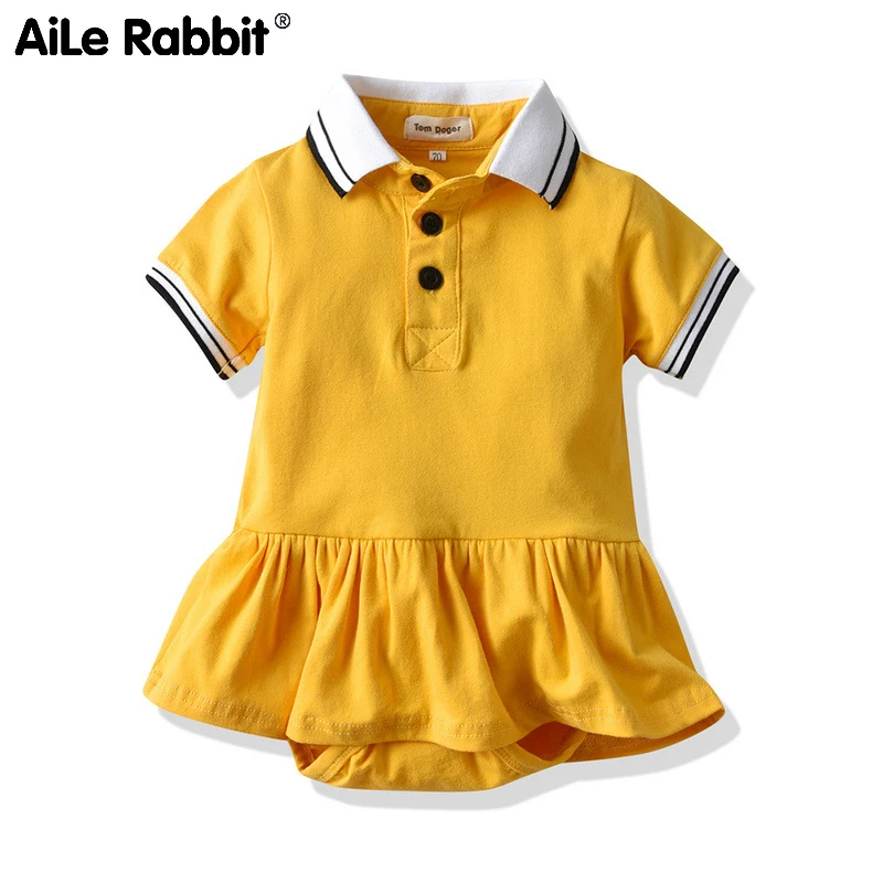 AiLe Rabbit/детская одежда для маленьких и средних девочек; платье-поло из чистого хлопка с короткими рукавами и кукольным воротником