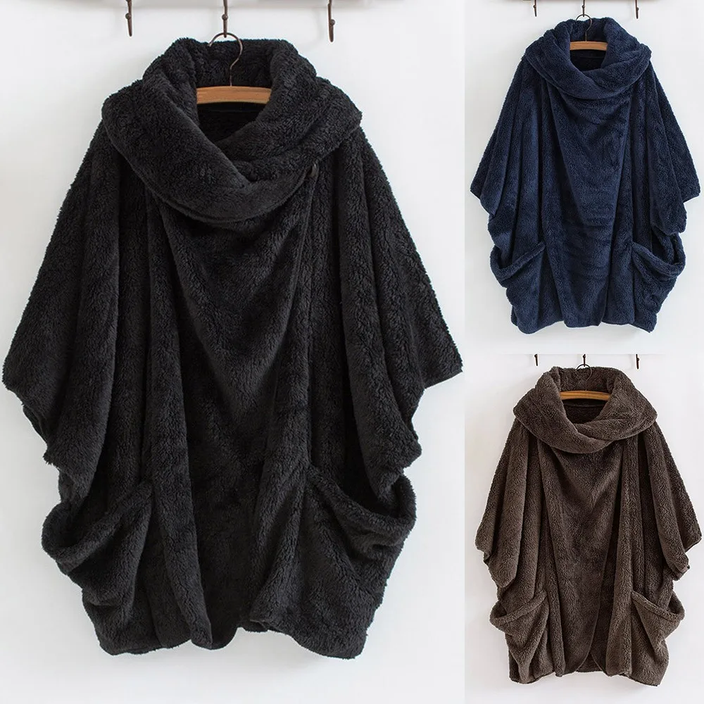 Winter Outerwear Women Coat Casual Solid Turtleneck Big Pockets Cloak Coats Vintage Oversize Coats