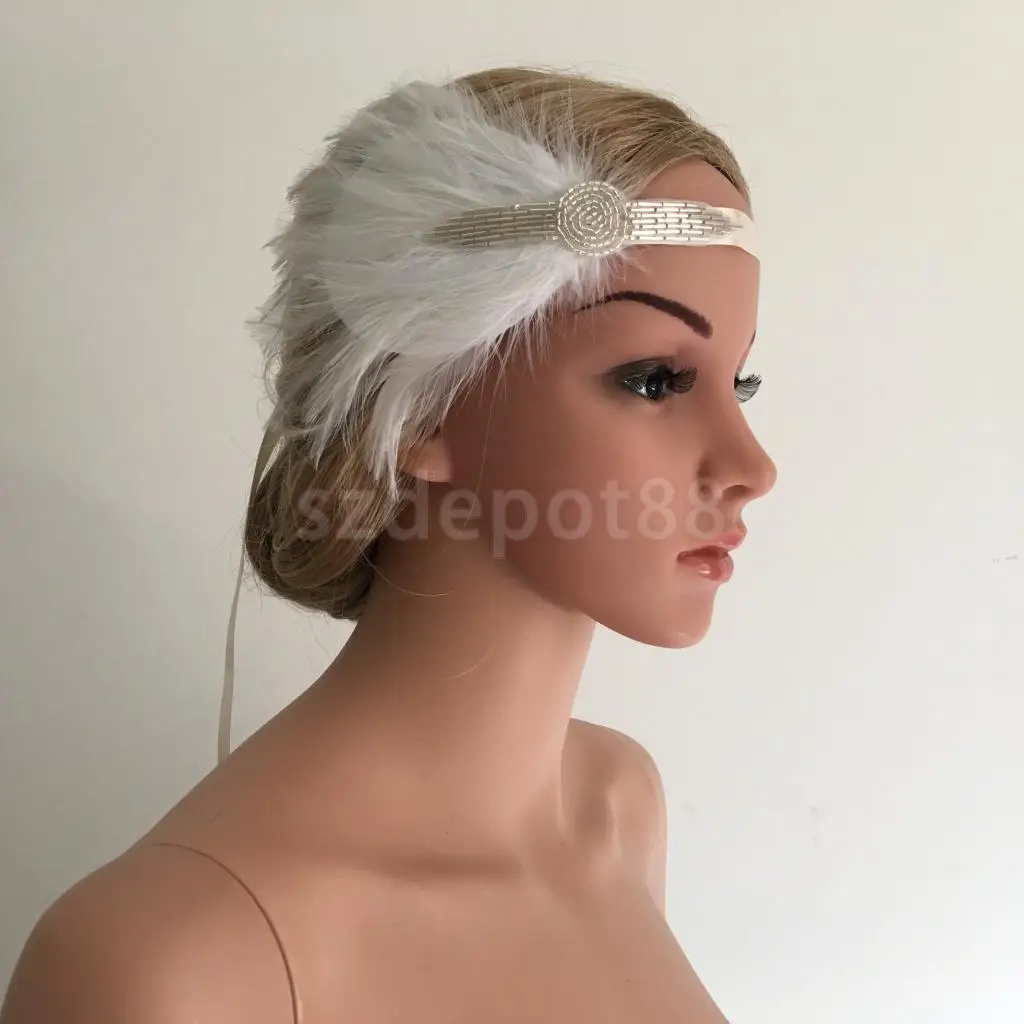 

Woman Flapper Feather Beads Headband 1920s Great Gatsby Fascinator Cocktail Party Wedding Hair Accessory