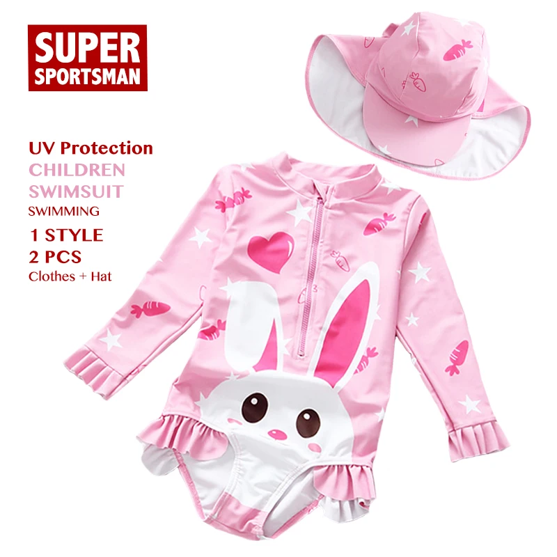 Baby Girls Anti-UV Swimwear Children Cartoon Bunny One Piece Swimsuit Kids Swim Beach Bathing Suits Toddler Swimming Clothes Set