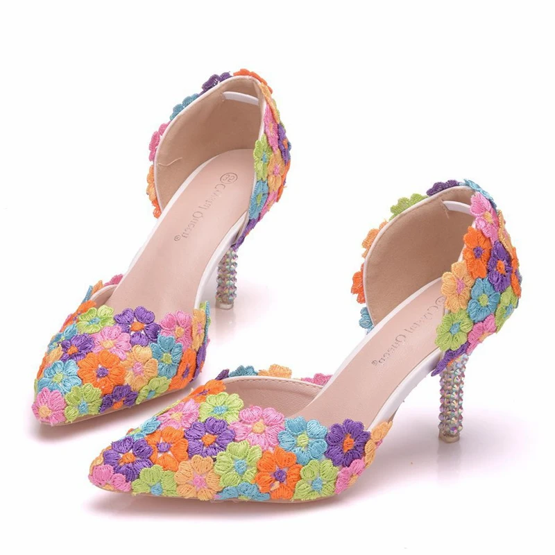 

Fashion Multicolor Flower Wedding Shoes Crystal High Heels Women Pump Pointed Toe Beaded Bridal Shoes 2019 New Sandals XY-B0237
