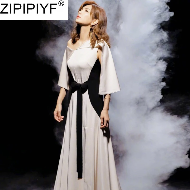 

2019 Spring Women Asymmetrical Collar Half Clock Sleeve Elegant Women Patchwork Casual Ankle-Length A-line Dress Vestidos Q024