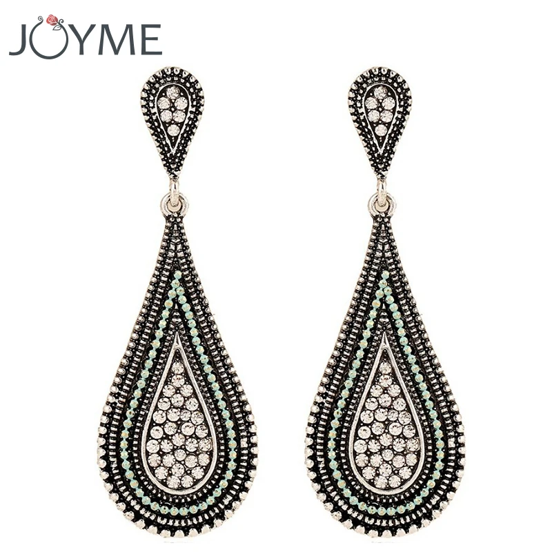 

Vintage Earings Antique Silver Water Drop Earrings Geometric White Rhinestone Long Dangle Statement Earrings Bijoux Femme