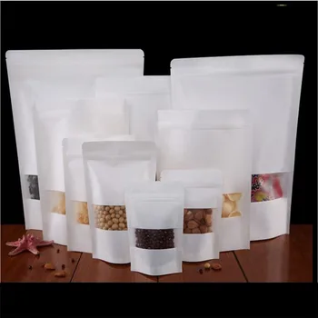 

New White Kraft Paper Bag With Window Stand Up Pouch With Zipper Dried Fruit Nut Tea Packaging Bag