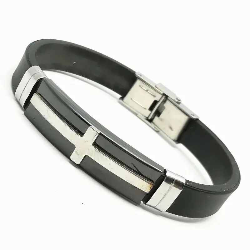 Black Rubber Bracelets & Bangles For Men Stainless Steel Cross Silicone