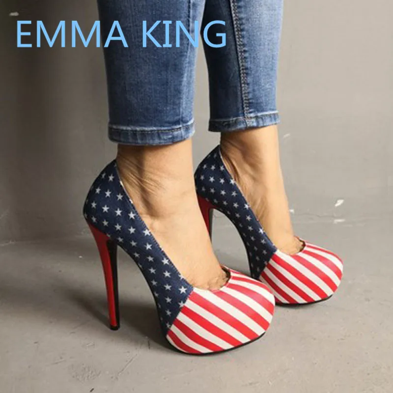 

Fashion National Flag Prints Shallow Women Pumps Round Toe Slip On Ladies Spring Platform Shoes Woman Sexy Gladiator High Heels
