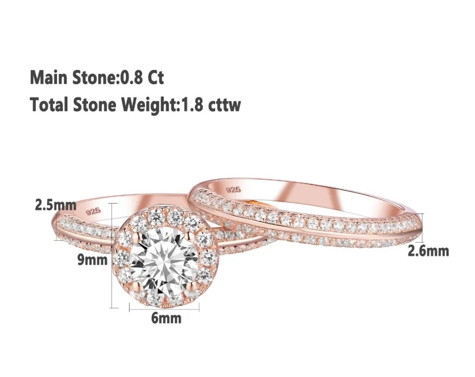 Newshe 2Pcs Rose Gold Color Wedding Rings For Women 925 Sterling Silver Round Cut AAA CZ Engagement Ring Set Fashion Jewelry