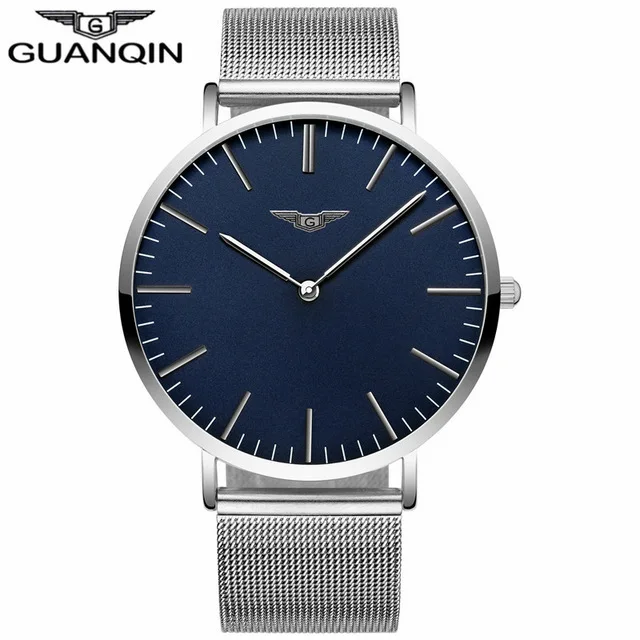 GUANQIN Мужские часы Роскошные простые мужские Ультра тонкие кварцевые часы лучший бренд повседневные мужские кожаный ремешок наручные часы relogio masculino - Цвет: silver blue B