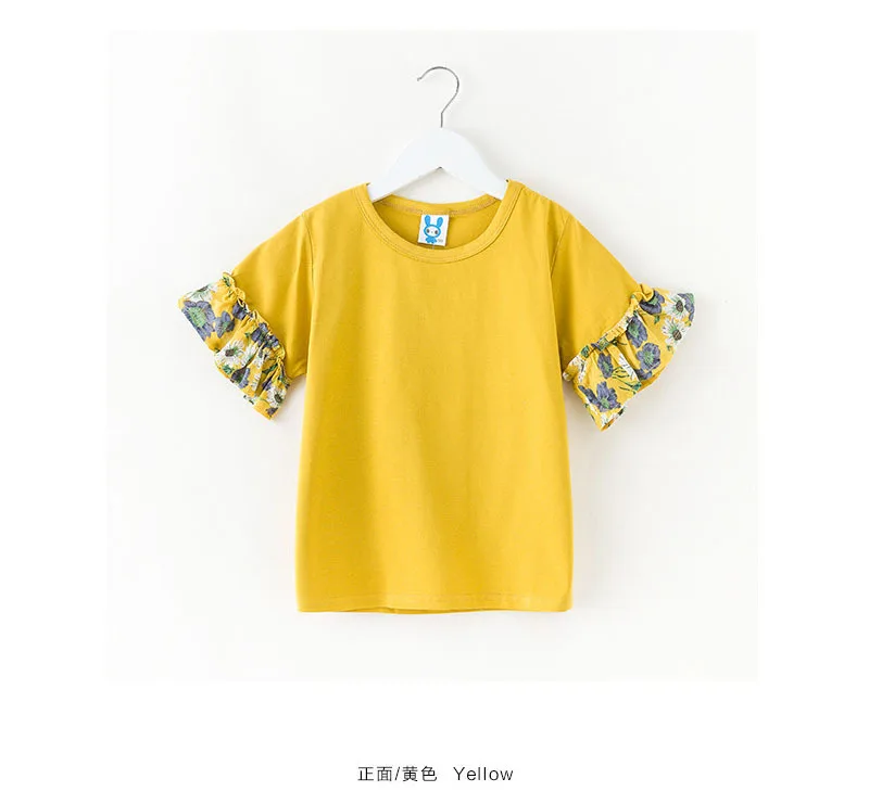 Floral Sleeve Patchwork Girls Tops Children T Shirts Short Sleeve Tops Cotton Yellow Green Tshirt Kids Summer 2019 New Clothing 4 5 6 7 8 9 10 11 12 13 14 15 years little   big  t-shirt for girls t shirt kid (21).jpg