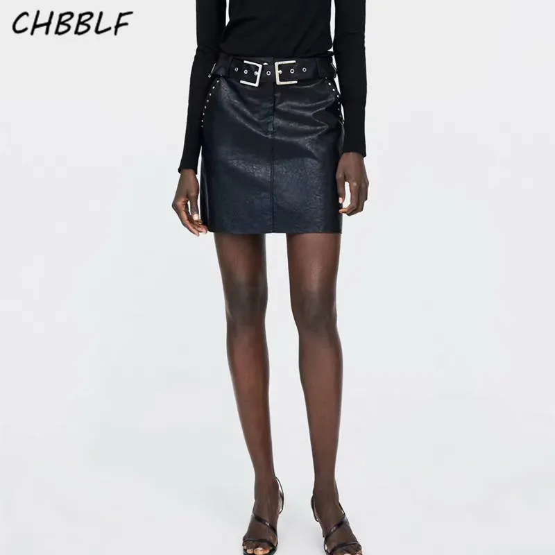 

CHBBLF women PU leather black skirts rivet design moto biker style pockets faldas solid female chic mini skirts BGB8654