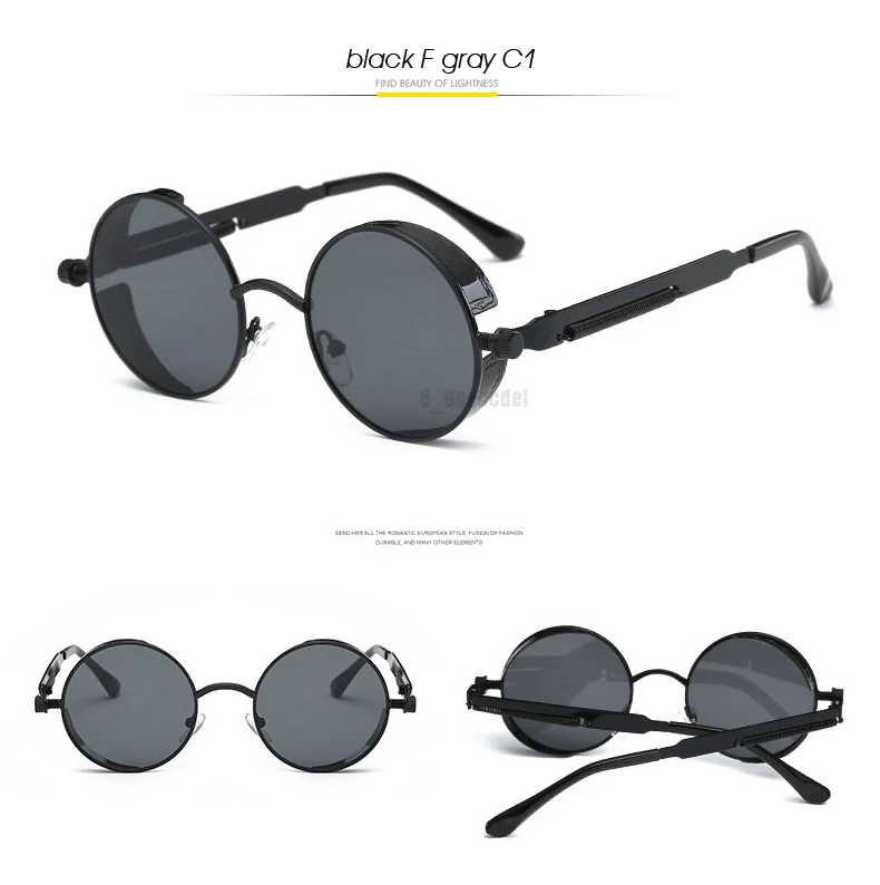 BANSTONE круглые солнцезащитные очки в металлической оправе мужской женский стимпанк модные очки Брендовая дизайнерская обувь в ретро-стиле Винтаж солнцезащитные очки UV400 - Цвет линз: C1 black F gray