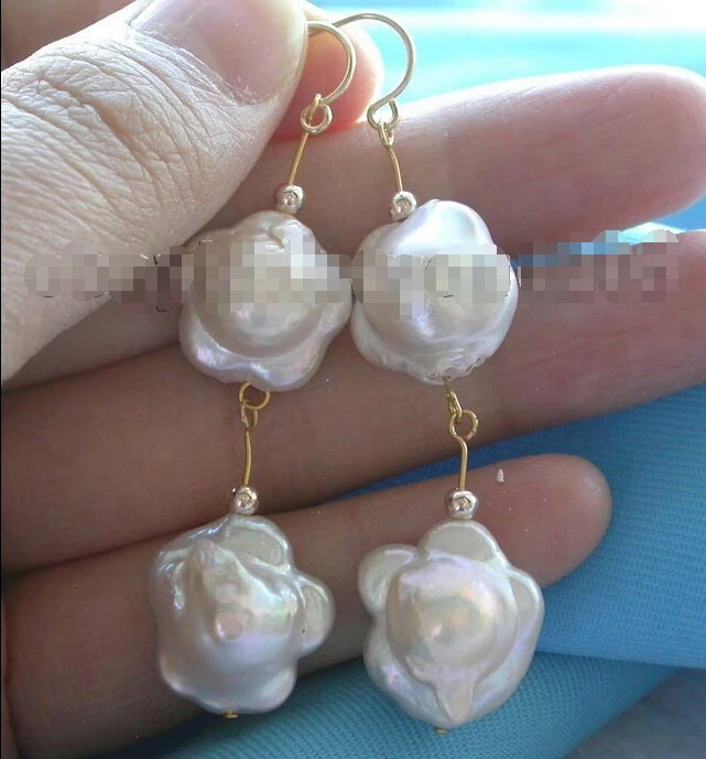 

Free shipping Genuine Natural 16mm White Reborn Keshi Pearl Earrings 14k #f1569!