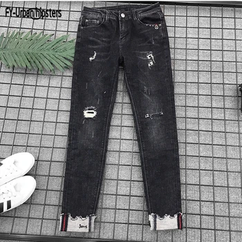 

2019 black women elastic jeans plus size Casual nine denim pants cuff pencil skinny jeans stretch women ripped jeans boyfriend