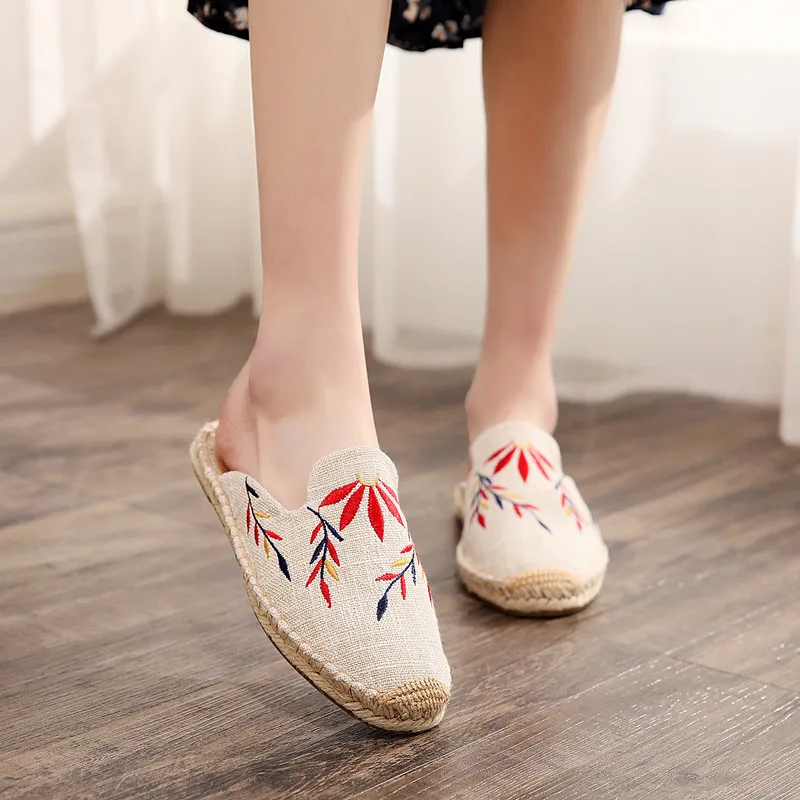 2019 Summer Women Half Slippers Embroidery Maple Leaf Cats Slide Flat Bottom Hemp Rope Weaving Fisherman Shoes Women Espadrilles (18)