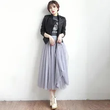 Летние и осенние тюлевые юбки для девочек Женская Черно-серая белая юбка из тюля для взрослых эластичная плиссированная миди юбка-пачка с высокой талией