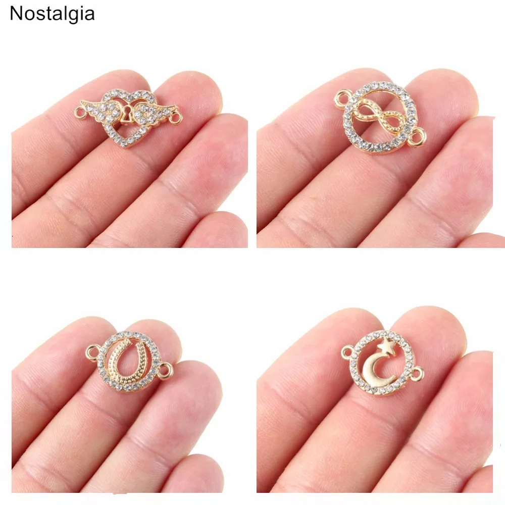 

Nostalgia 10Pcs Crystal Angel Wings Infinity Love Heart Lucky Horseshoe Star And Moon Charms With Bracelet Connectors Gold Tone