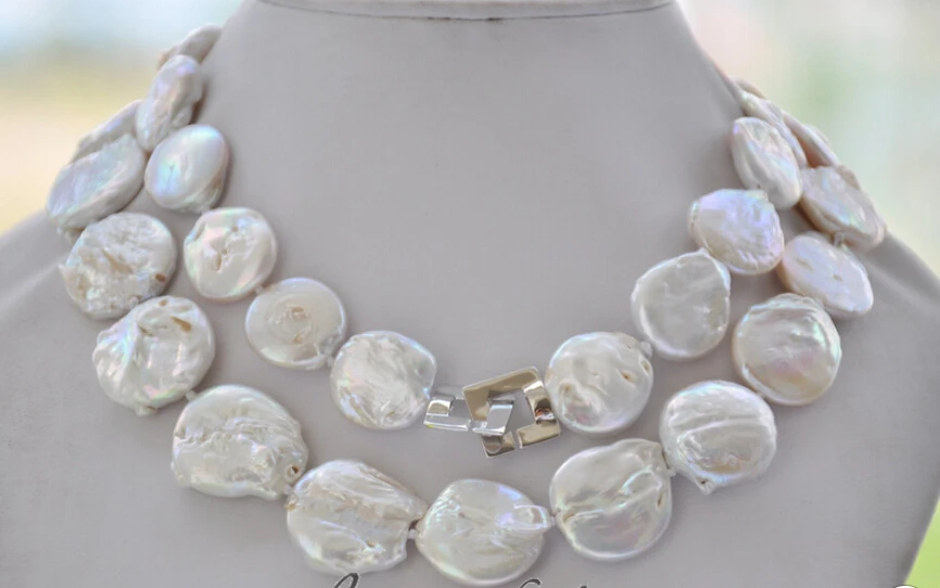 

A REAL 24mm coin white freshwater pearl necklace 34inch 925silver (z6678)