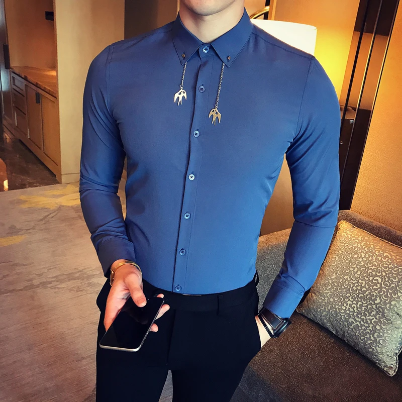 2017Autumn Men High Quality Lapel Long Sleeve Luxury Wedding Shirts Me