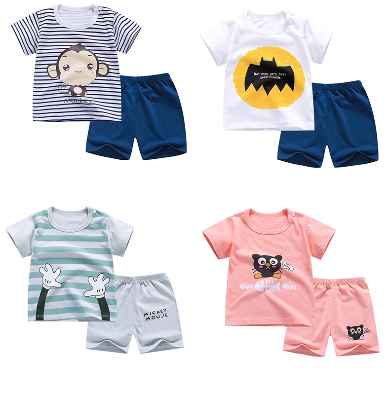 

2019 explosion models spring and autumn cotton round neck baby boys and girls casual short-sleeved T-shirt pants hot sale suit