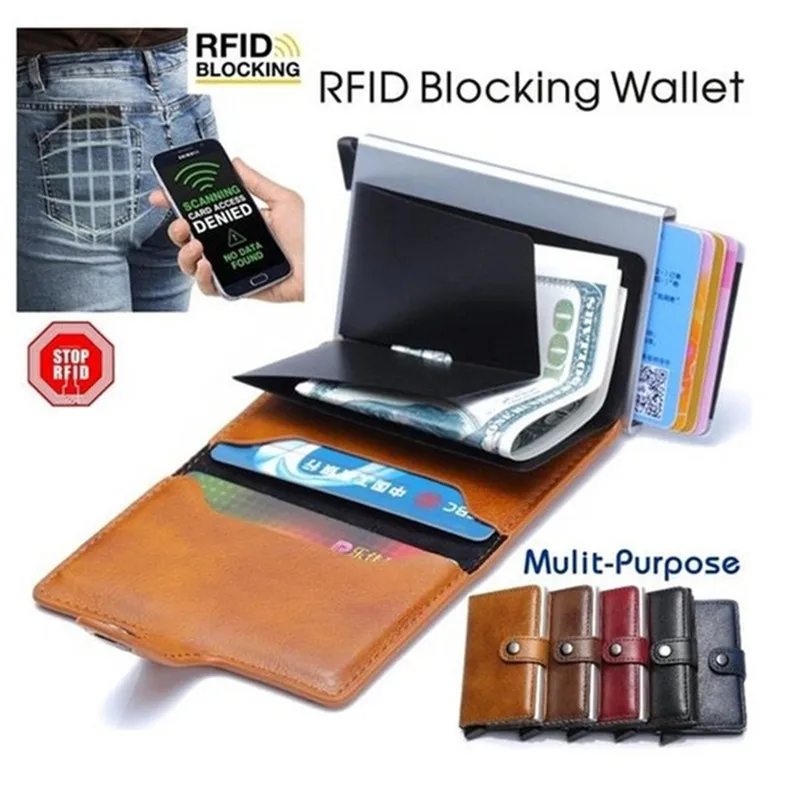 

Male Card Holder RFID Aluminium Alloy Credit Card Holder 2019 Newest Metal Leather Wallet Antitheft Men Automatic Card Case