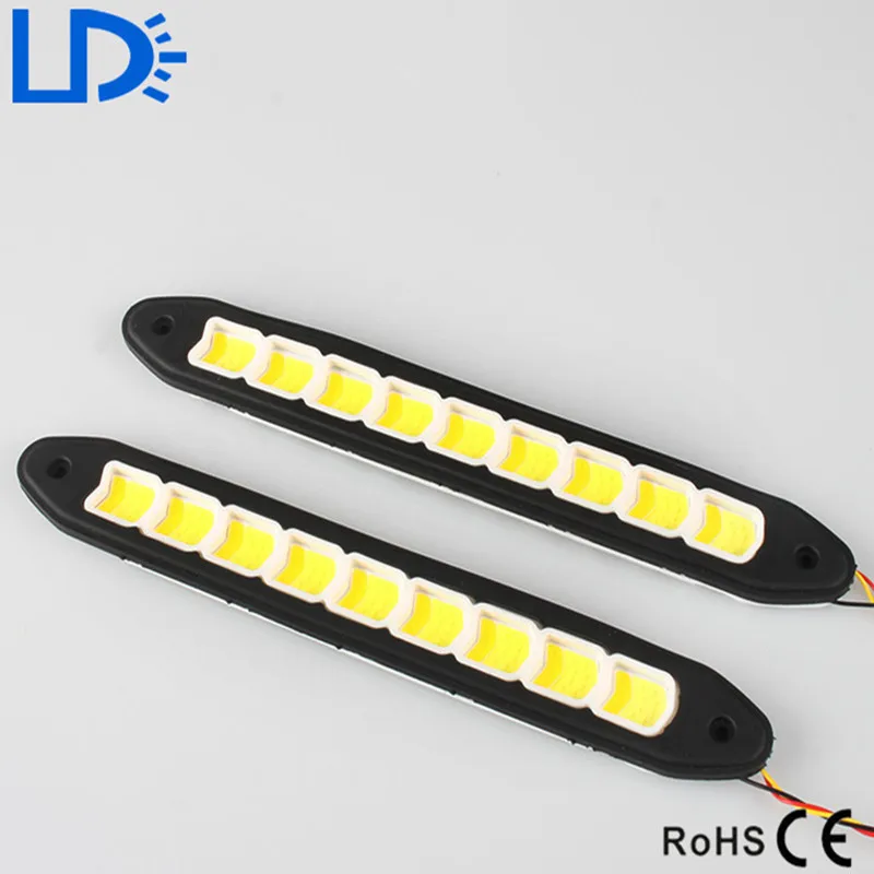 

2Pcs Car Styling COB LED DRL  Daytime Running Lights White with Yellow Turn Signal Driving Lamp Bar IP65 Waterproof DC 12V