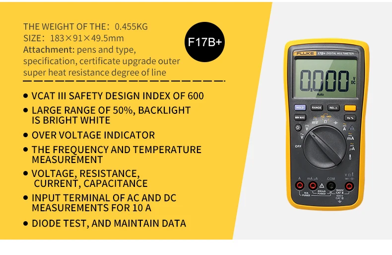 FLUKE 17B+ цифровой мультиметр AC/DC напряжение, ток, емкость, Ом тестер температуры Авто/ручное измерение диапазона