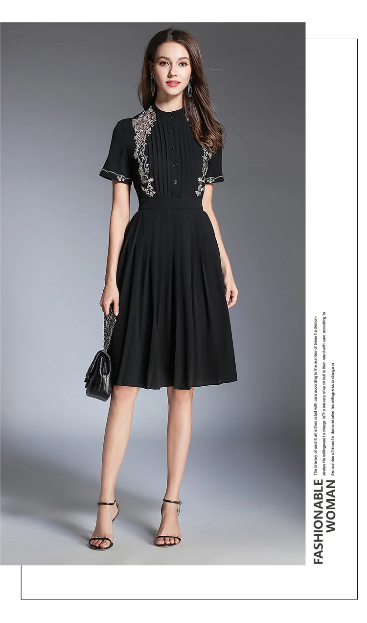 HAMALIEL летний Для женщин плиссированное платье дизайнерские черные шифоновые радиобрелок рукав Повседневное платье с воротником-стойкой
