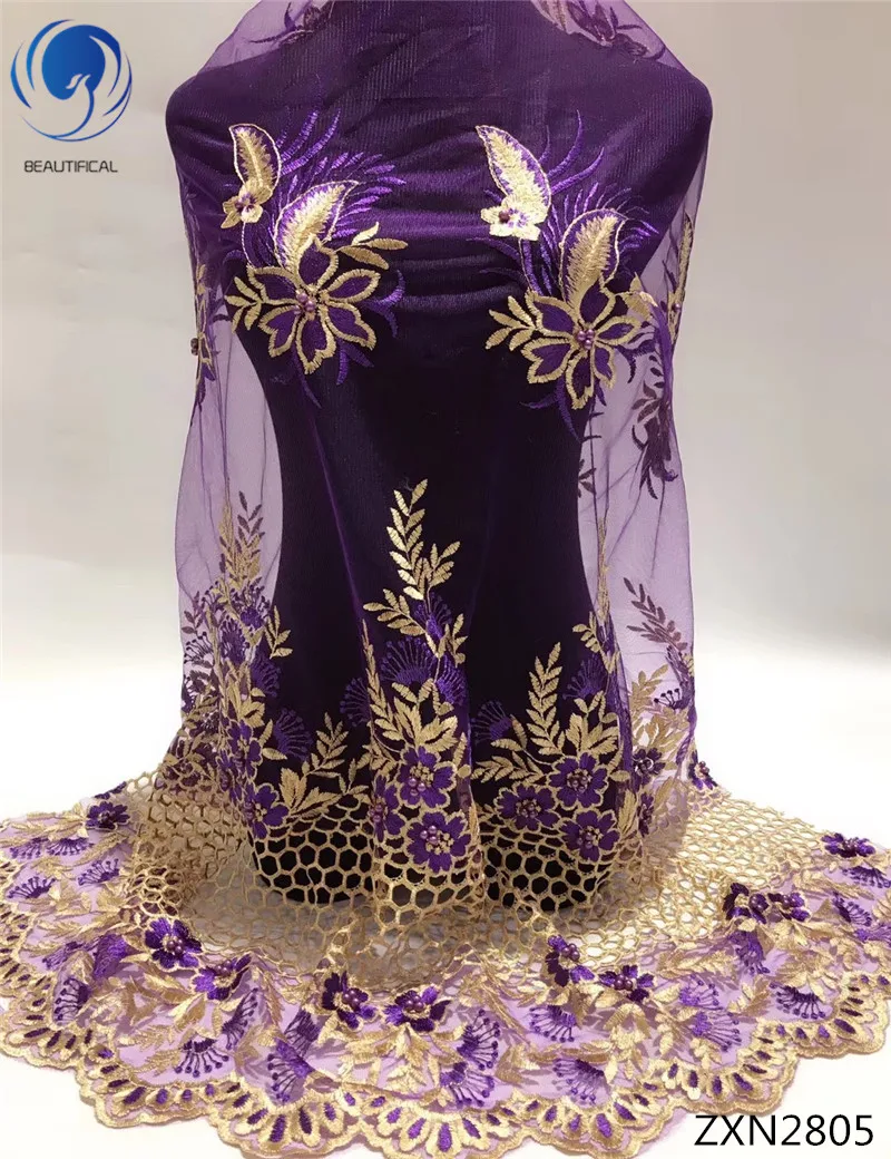 

BEAUTIFICAL purple net lace fabrics tulle lace fabrics with beads 2019 hot selling Embroidered for wedding dresses 5yards ZXN28