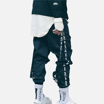 

Harajuku Mens Pencil Pants Full Length Streetwear Black Removable Ribbon pants For Mens 2019 Summer Loose Hip Hop Male Trousers