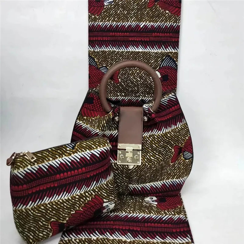 

2019 Party Purse Dutch Wax African Handbag Set With100%Cotton Wax Fabric 6 Yards 3Pieces/Set African Print Bag For Dress YBG1222