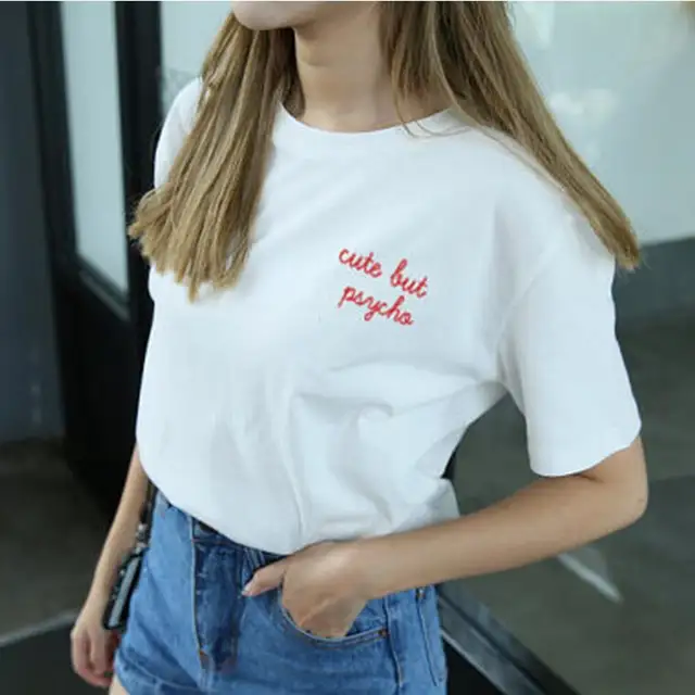 Online Cute But Psycho Tee Shirt Femme Fashion Pocket Letters Placeholder Cute But Psycho Tee Shirt Femme Fashion Pocket Letters Tumblr T Women White Black Cotton