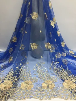 

Latest Royal Blue Tulle Lace Fabric, African Sequins Lace Fabric, Latest African Laces 2018 With Gold Sequins For Women Dress