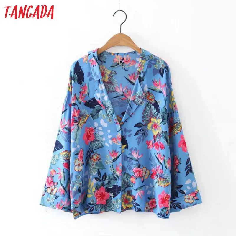 Tangada Blue Print Floral Jaqueta Blazer Mulheres Manga Batwing Verão Collar Entalhado Blazer Botão Jaqueta Casual Outwear XL80