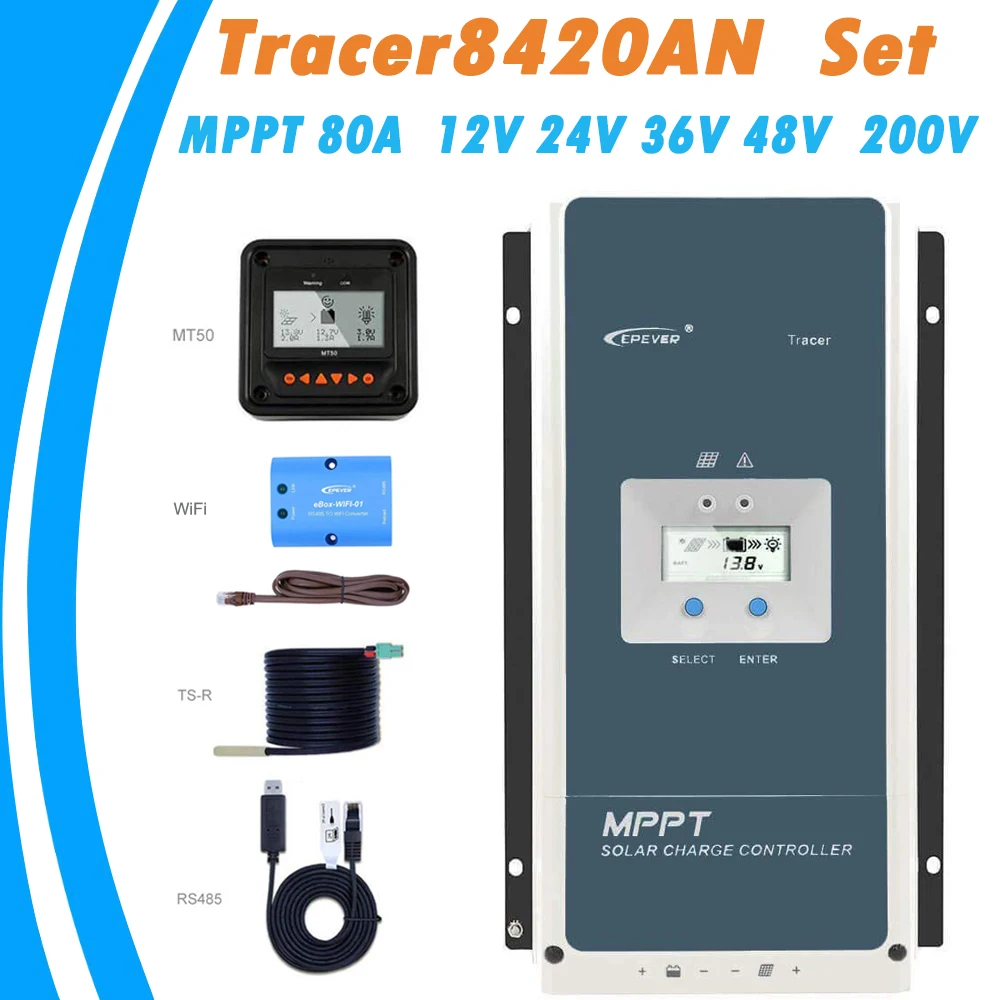 EPever MPPT 80A 200V контроллер солнечной панели 12V 24v 36V 48V Авто Трейсер 842a lcd регулируемое солнечное MPPT зарядное устройство RS485 WiFi MT50