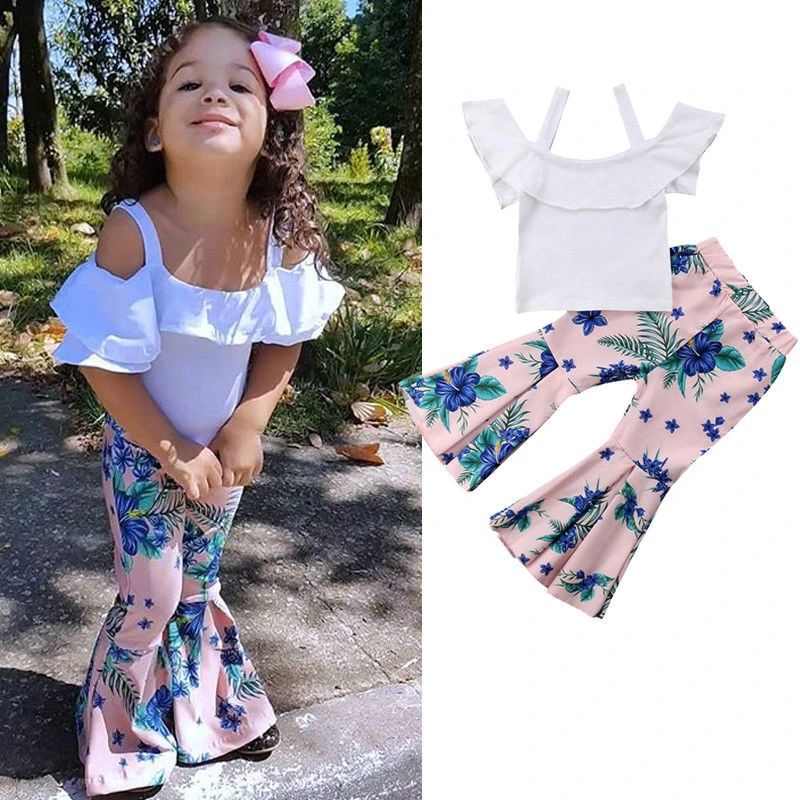 

New Fashion Children Girls Summer Clothes Sets White Tops T-shirt +Wide Leg Floral Pants 2PCS Summer Baby Girls Outfits Clothes
