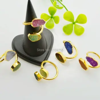 

6Pcs Gold Color Natural Stones Wrap Ring Rainbow Stones Drusy Ring Golden Electroformed Gem Stone Geode Jewelry