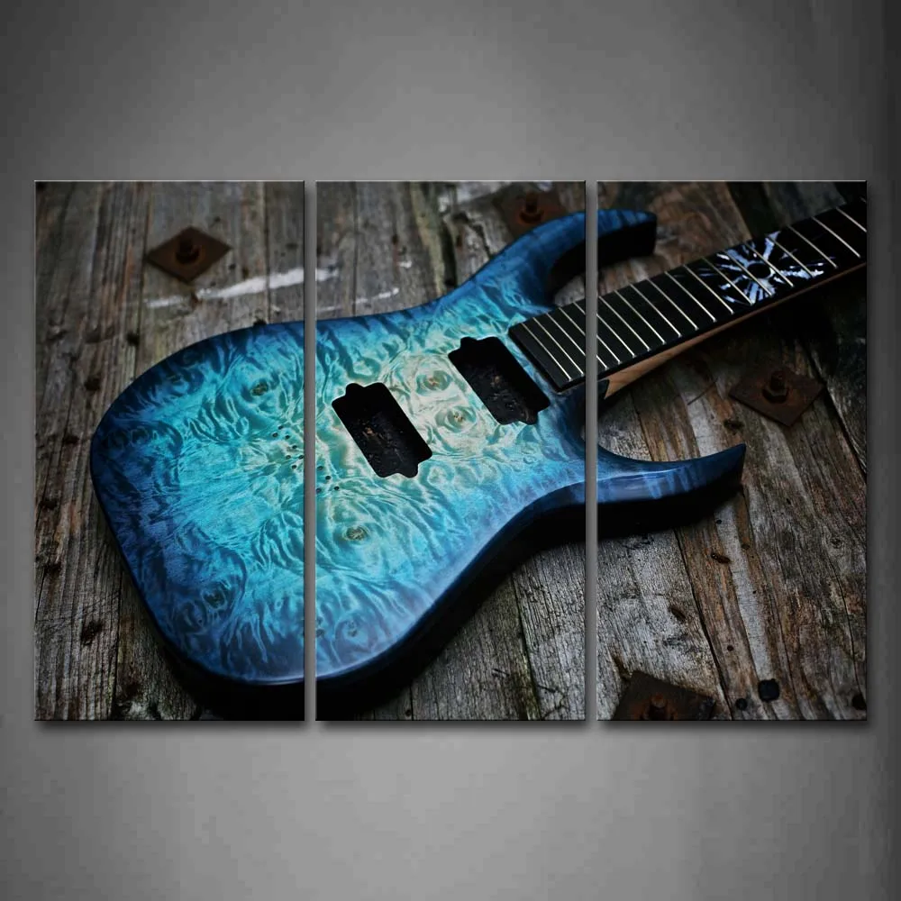 

Framed Wall Art Picture Blue Guitar Wooden Canvas Print Music Modern Poster With Wooden Frame For Home And Office Decor