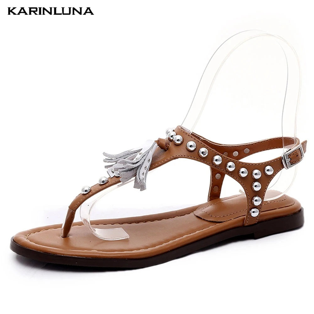

Karinluna Size 35-42 Women Shoes Genuine Leather Cow Leather Flat Heels Fashion Party Summer Sandals Shoes Woman