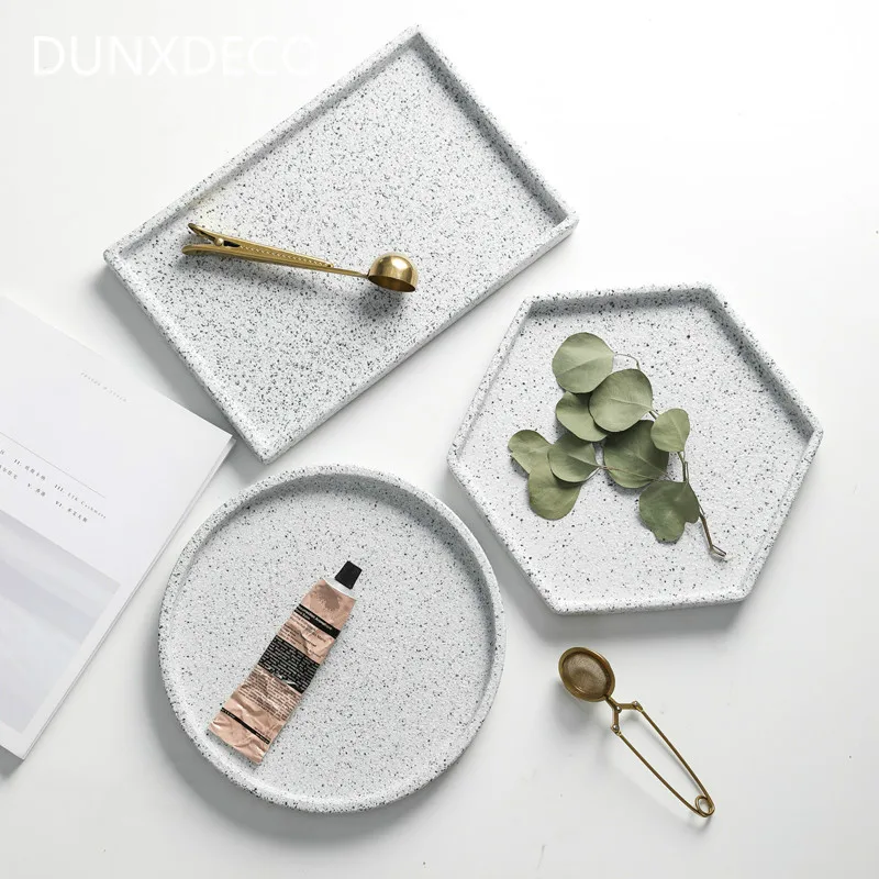 

DUNXDECO Home Office Storage Ceramic Tray Plate Key Accessories Cosmetic Holder Art Nordic Simple Grindstone Style Container