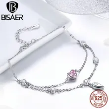 BISAER, настоящее 925 пробы, серебряный, розовый браслет в виде сердца, двухслойная цепочка, женские браслеты для женщин, серебряные ювелирные изделия ECB090