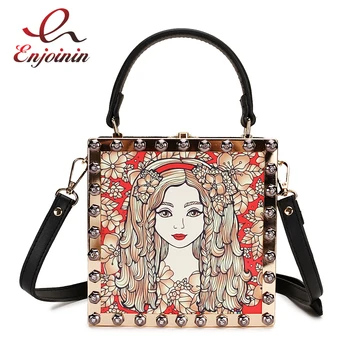 

New Box Style Cartoon Letter Pattern Diamond Metal Frame Ladies Handbag Shoulder Bag Crossbody Mini Messenger Bag Female Bolsa