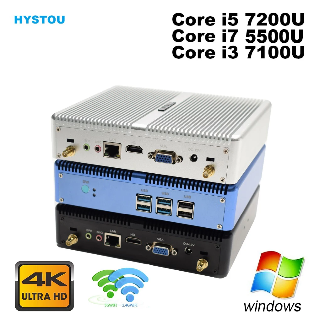 

Core i5 7200U i7 5500U HYSTOU Fanless Mini PC Windows 10 HDMI VGA 300M WIFI HTPC mini computer Linux i3 7100U 4K TV box pc