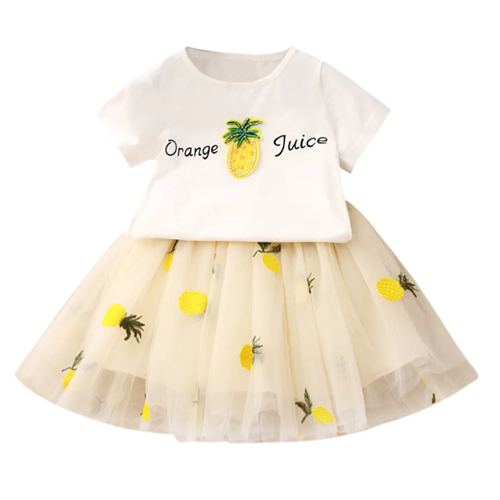 

Children Summer kids girl Clothes Toddler Kid Baby Girls Outfits Clothes letter print T-shirt+Pineapple Embroidery Skirt Set