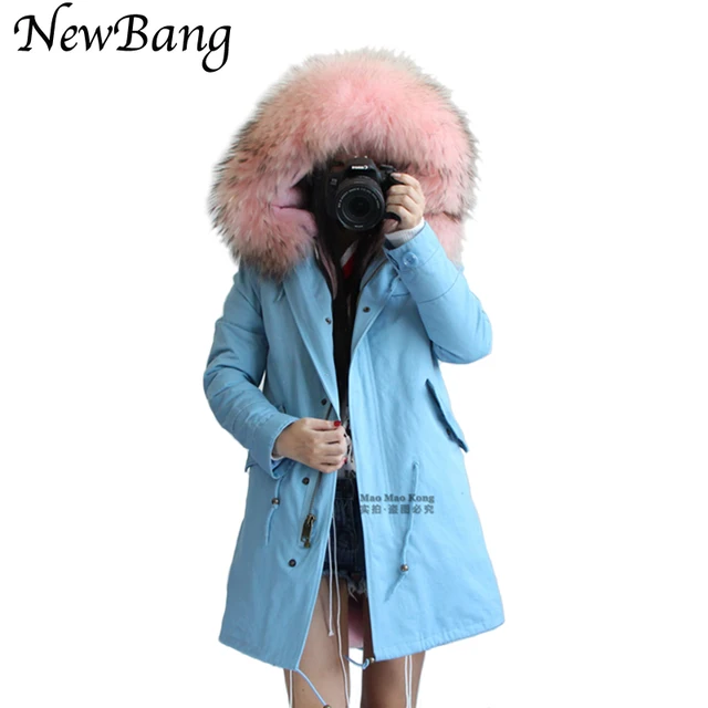 Cheap Women Winter Parkas Long Jacket Overcoat Large  Real Raccoon Fur Parka Blue  Faux Fur Liner Thickening 