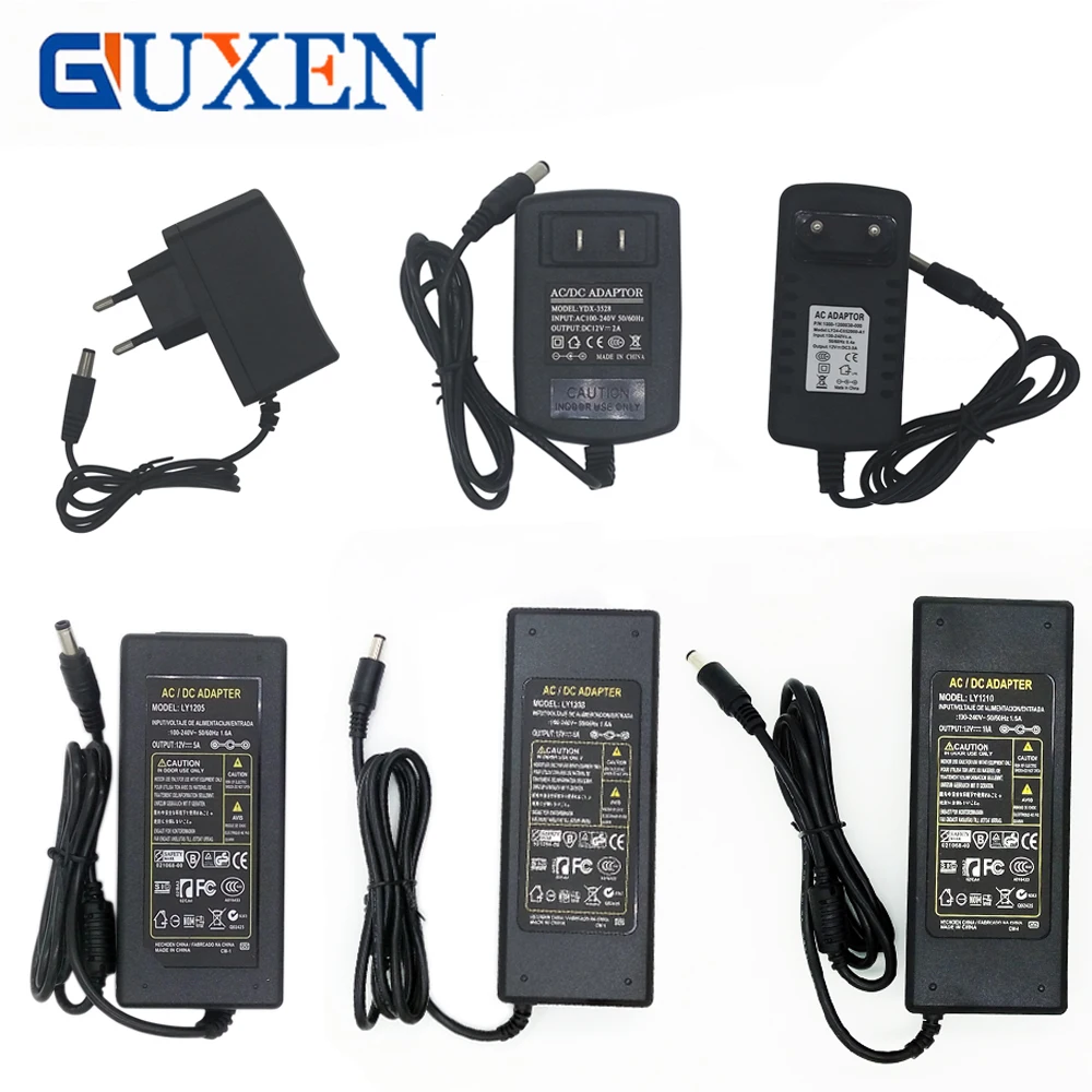 Guxen светодио дный Питание 12 В 1A 2A 3A 5A 6A 8A 10A Вход AC110V 220 к DC12V Трансформатор Адаптер