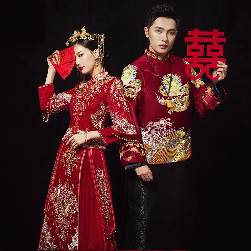 Королевская невеста и жених свадебное Ципао костюм красный китайский женский свадебное платье Восточный стиль вышивка женщины и мужчины Qipao s-xxl