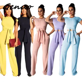 

Genuo New 2019 Bodycon lace up black sexy women jumpsuit Summer casual fitness romper Female two piece suit party long playsuit