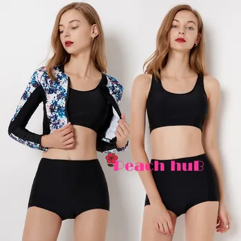 

Sport Swimsuit 3 Piece Bathing Suit Long Sleeve Swim Tights Rashguard Women Surf Suit Plus Size Swimwear Shorts High Waisted